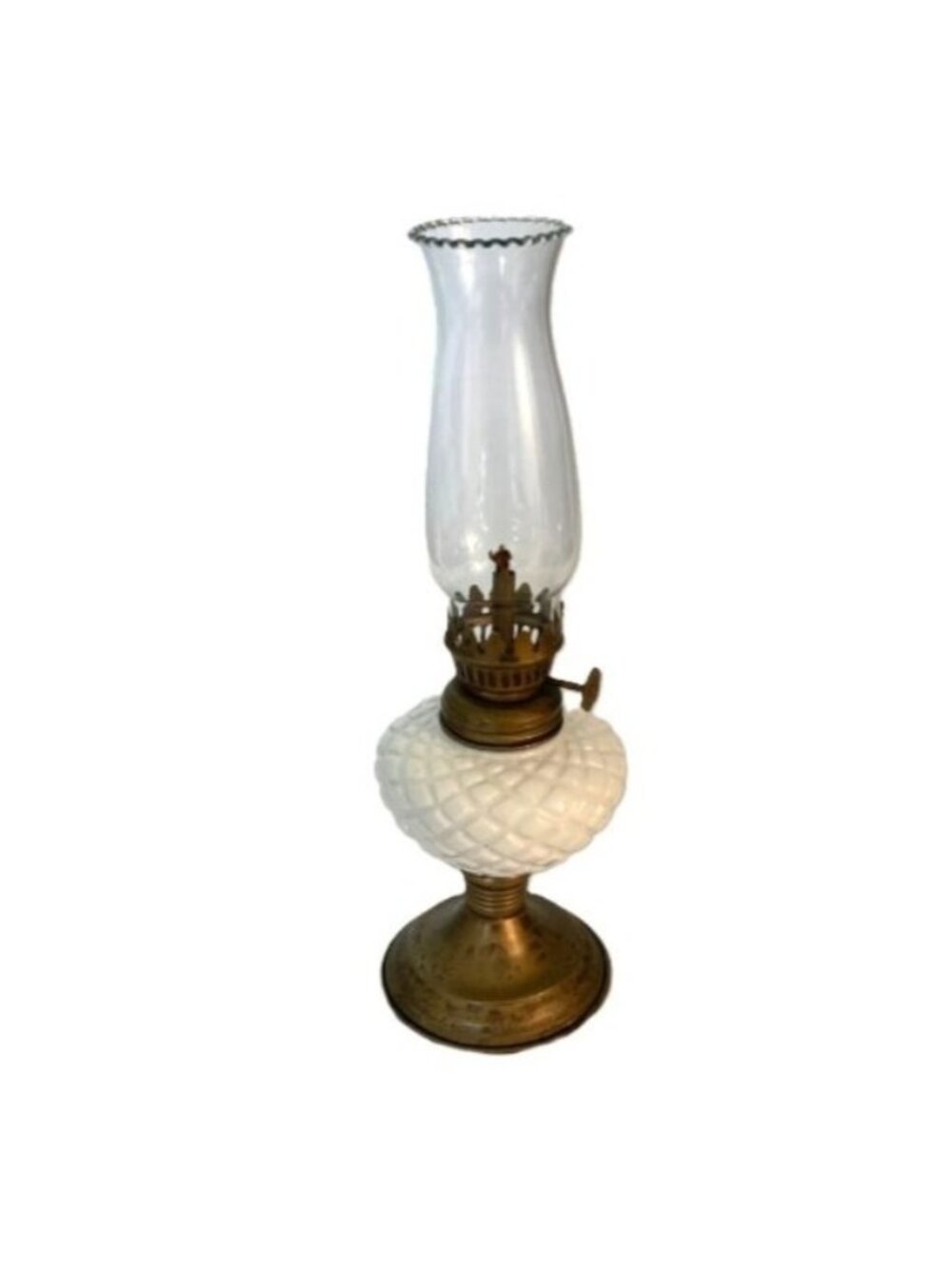 Vintage Mini Milk Glass Oil Lamp Diamond Pattern Base Ruffled Chimney 9.75"